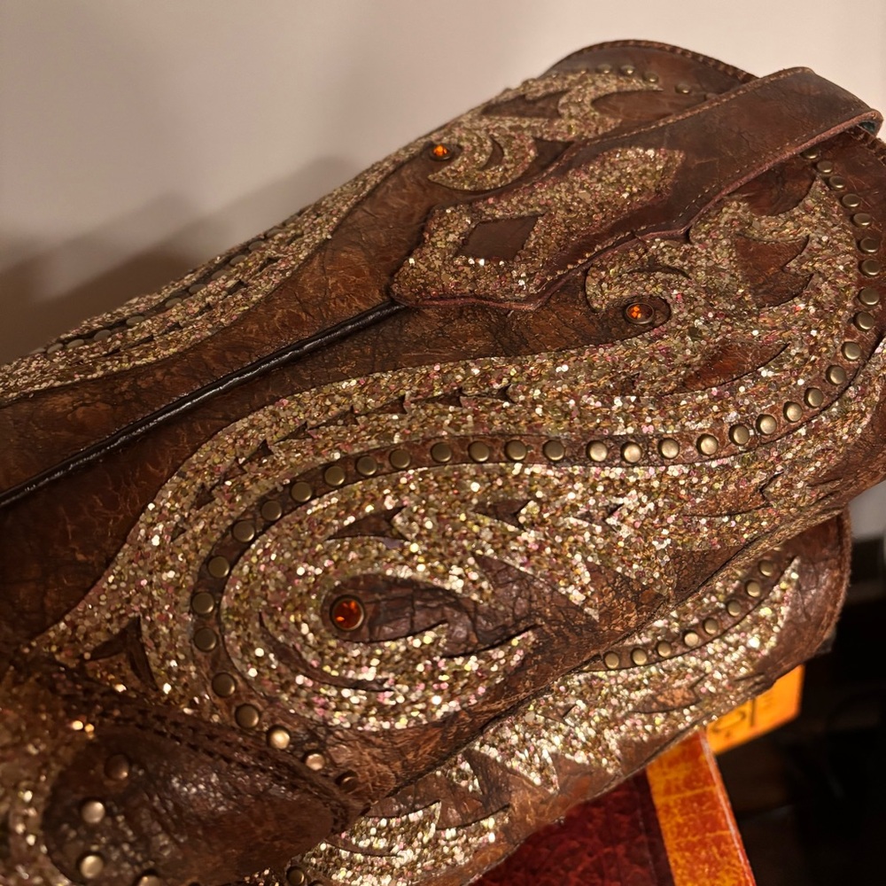 NWT Corral Brown Gold Glitter Trim Rhinestone Studded Leather Western Boots 7.5 - Picture 6 of 9